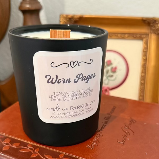 Worn Pages soy wax candle with clean non-toxic fragrance oil - parker colorado