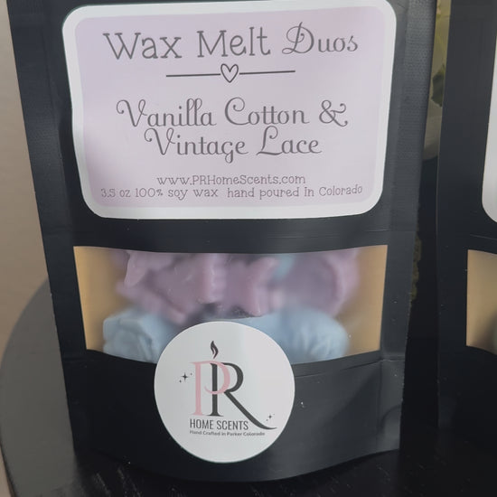 Hand-poured Wax Melt Duos with Vanilla Cotton & Vintage Lace scents. Natural soy wax, clean fragrance oils, flameless, long-lasting melts.
