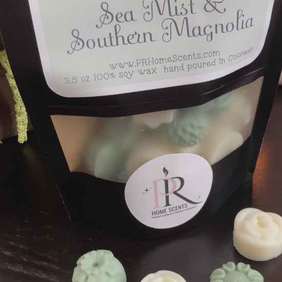 Hand-poured Wax Melt Duos with Sea Mist & Southern Magnolia scents. Natural soy wax, clean fragrance oils, flameless, long-lasting melts.
