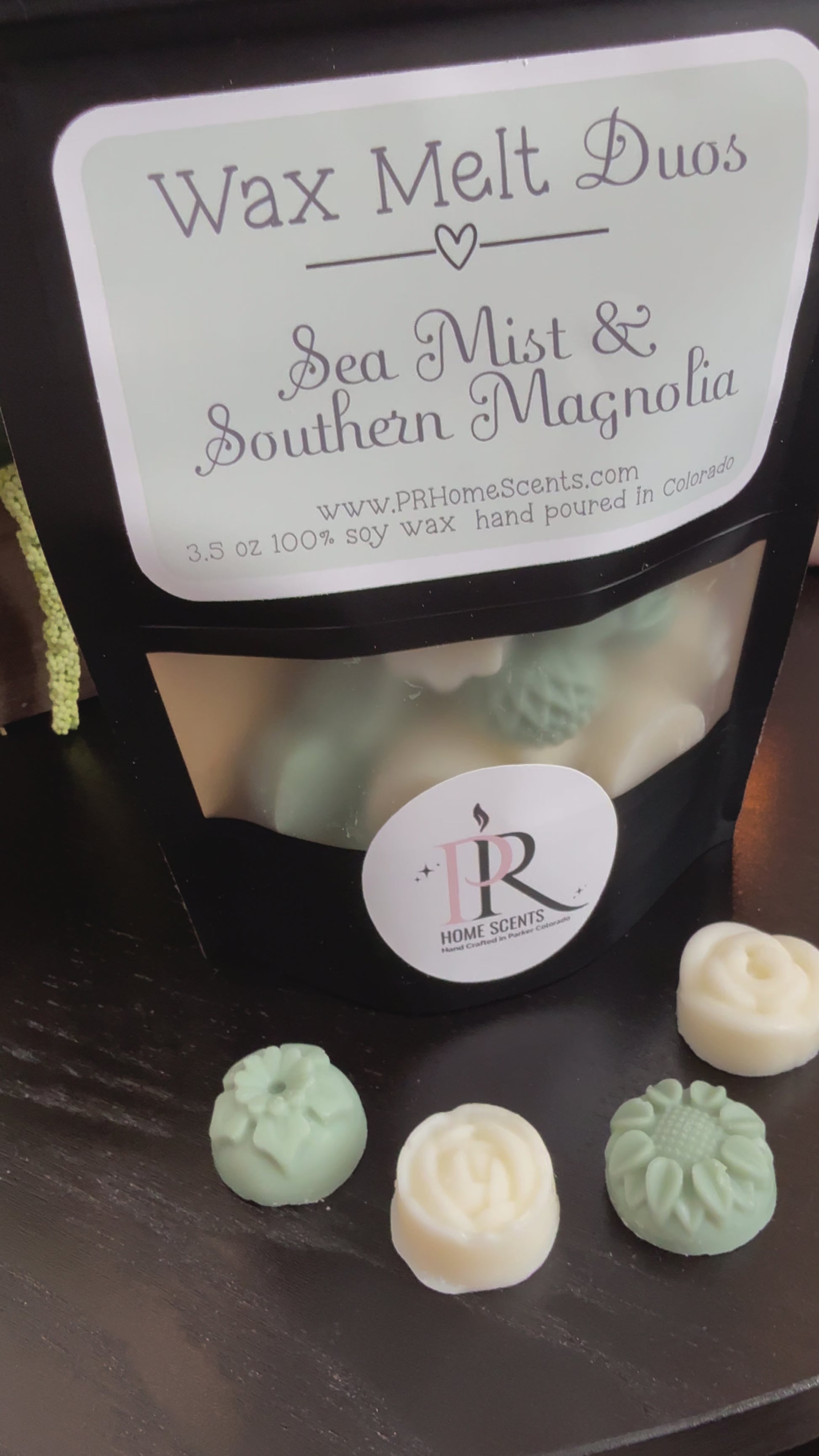 Hand-poured Wax Melt Duos with Sea Mist & Southern Magnolia scents. Natural soy wax, clean fragrance oils, flameless, long-lasting melts.
